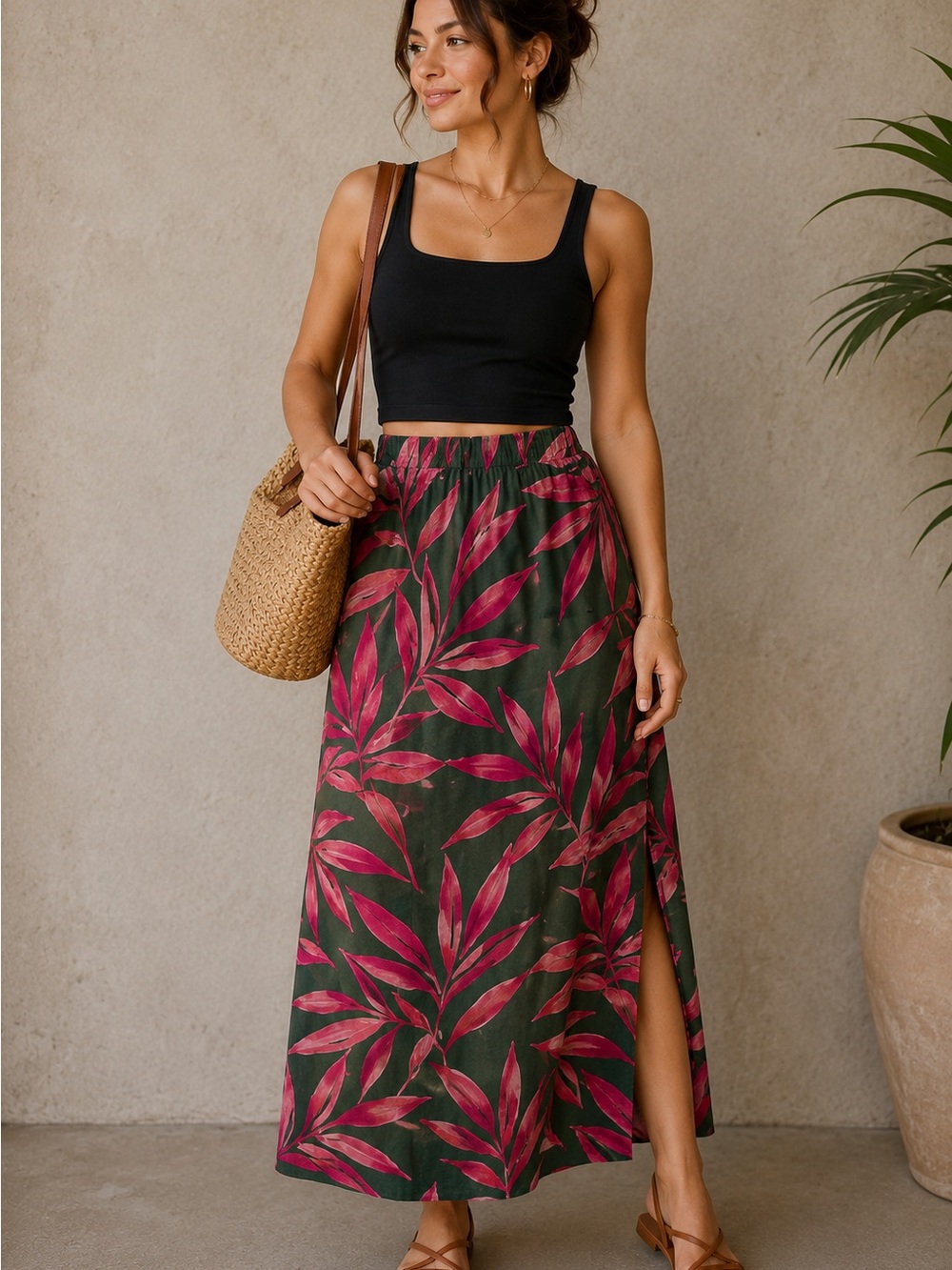 Time and Tru Tropical Leaf Skirt- Pockets. Medium, 8-10 Deep Green/Pink Boho.